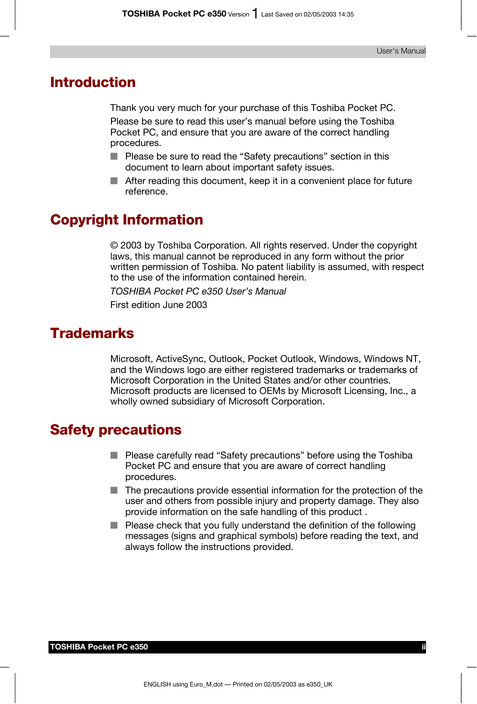 Introduction, Copyright information, Trademarks | Safety precautions | Toshiba Pocket PC e330 User Manual | Page 2 / 113