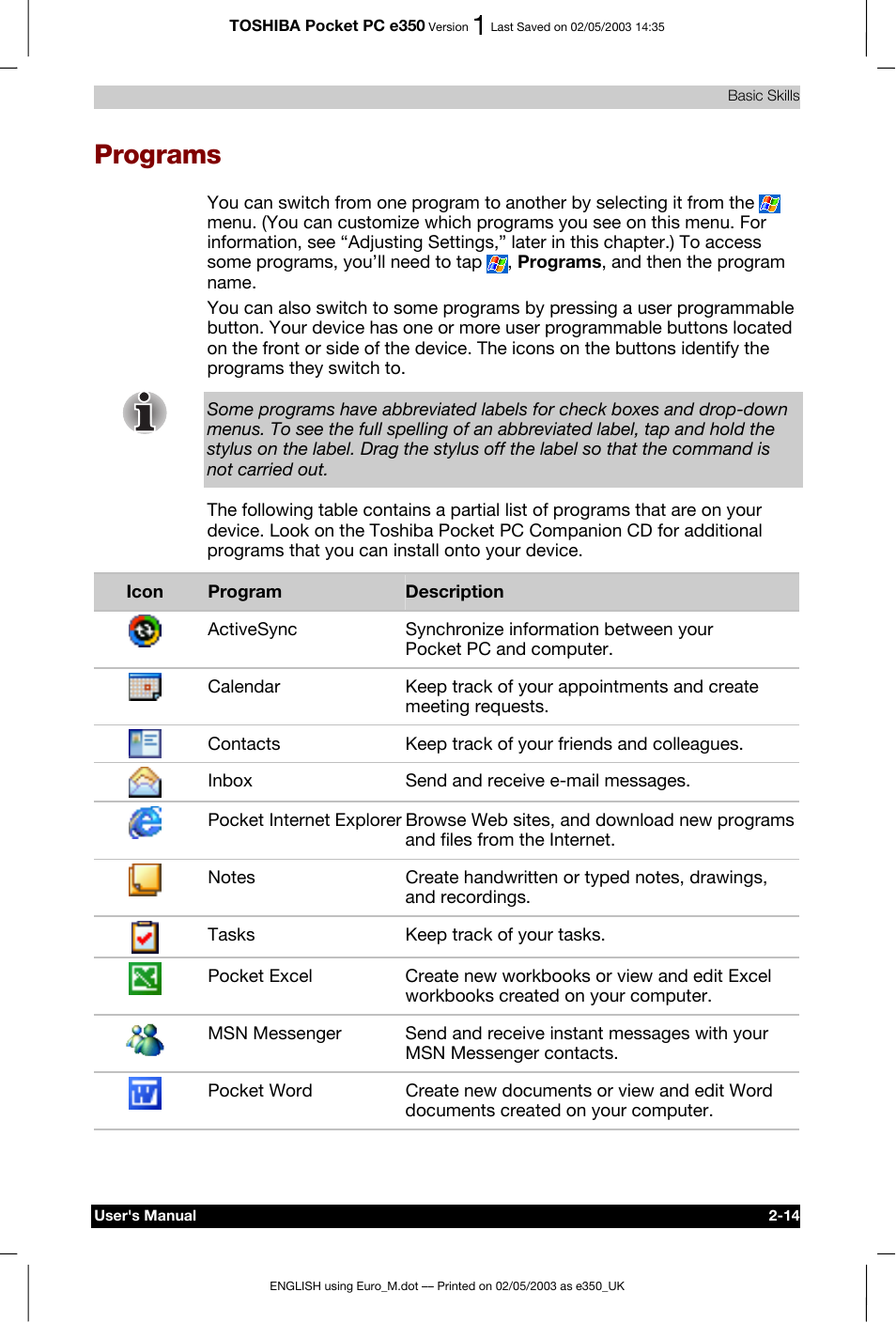 Programs | Toshiba Pocket PC e330 User Manual | Page 32 / 113