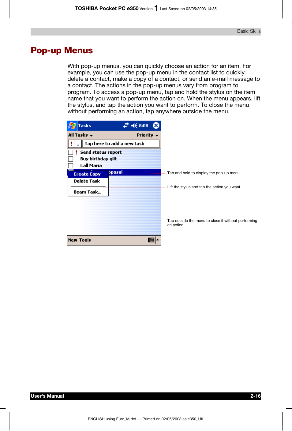 Pop-up menus | Toshiba Pocket PC e330 User Manual | Page 34 / 113