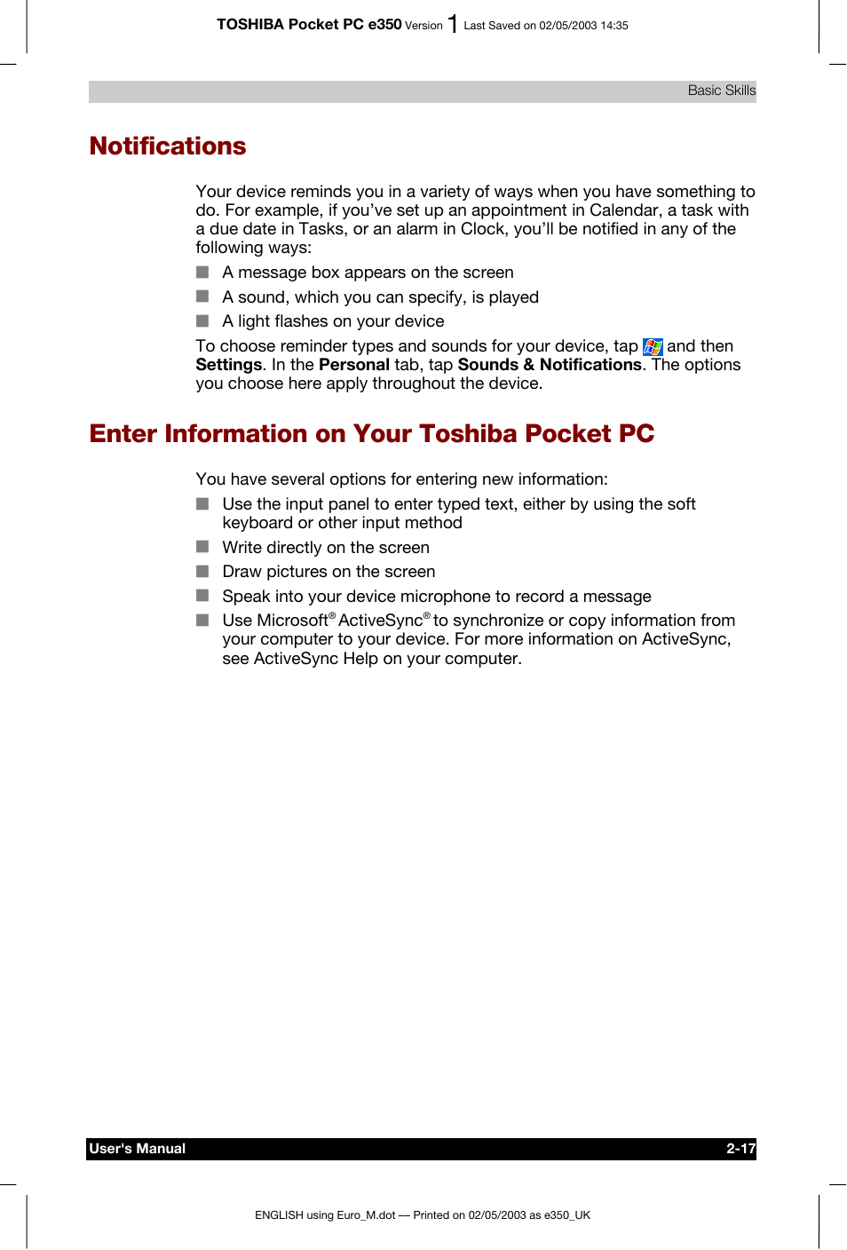 Notifications, Enter information on your toshiba pocket pc, Pc -17 | Toshiba Pocket PC e330 User Manual | Page 35 / 113