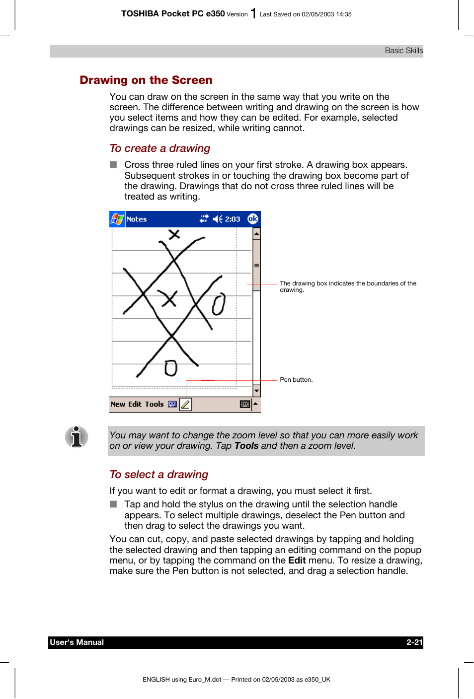 Drawing on the screen | Toshiba Pocket PC e330 User Manual | Page 39 / 113