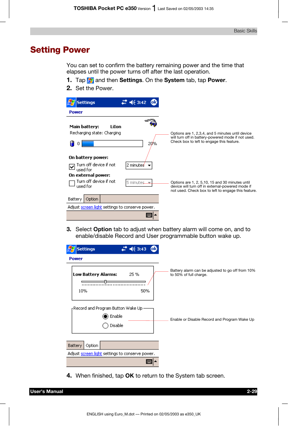 Setting power | Toshiba Pocket PC e330 User Manual | Page 47 / 113