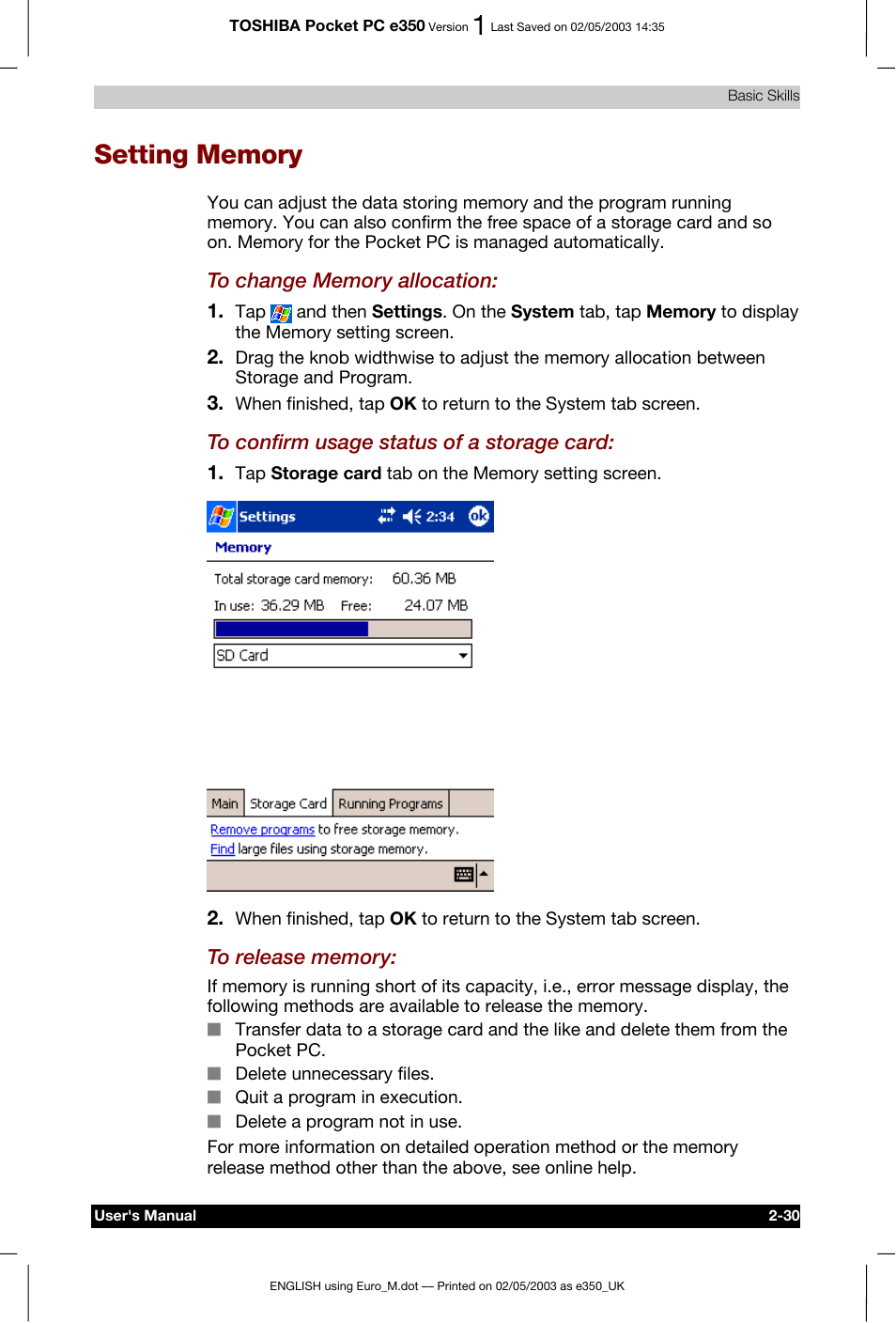 Setting memory | Toshiba Pocket PC e330 User Manual | Page 48 / 113