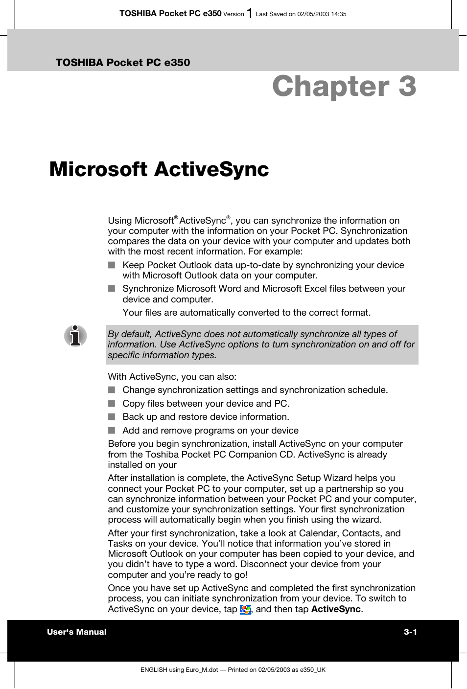 Chapter 3 microsoft activesync, Chapter 3, Microsoft activesync | Toshiba Pocket PC e330 User Manual | Page 51 / 113