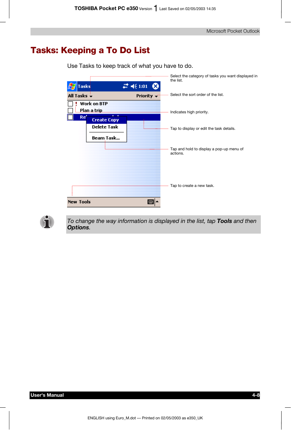 Tasks: keeping a to do list | Toshiba Pocket PC e330 User Manual | Page 60 / 113