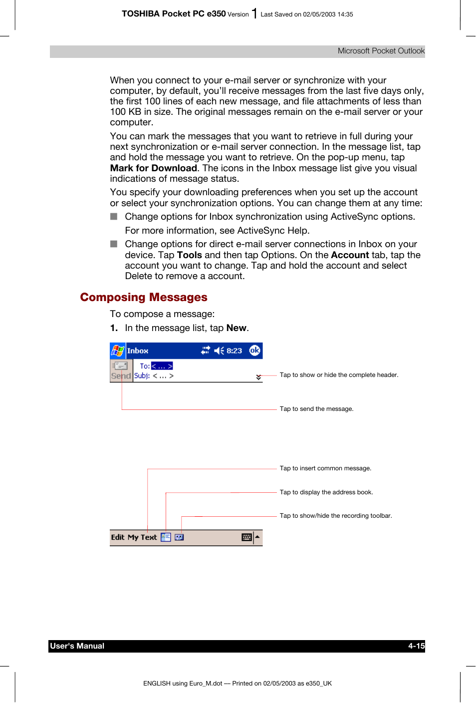 Composing messages | Toshiba Pocket PC e330 User Manual | Page 67 / 113