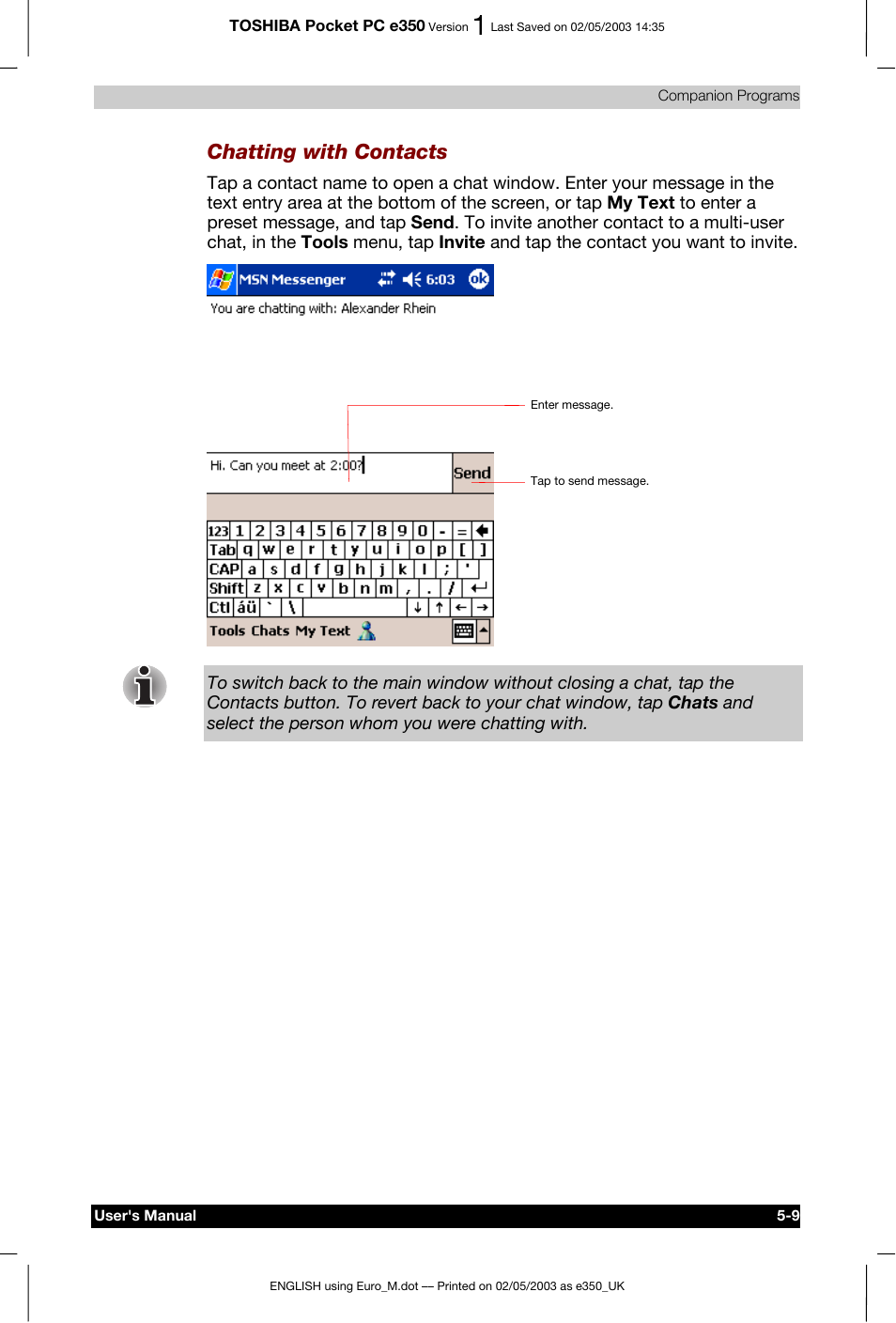 Chatting with contacts | Toshiba Pocket PC e330 User Manual | Page 78 / 113