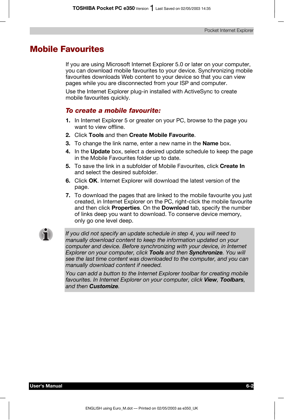 Mobile favourites | Toshiba Pocket PC e330 User Manual | Page 82 / 113