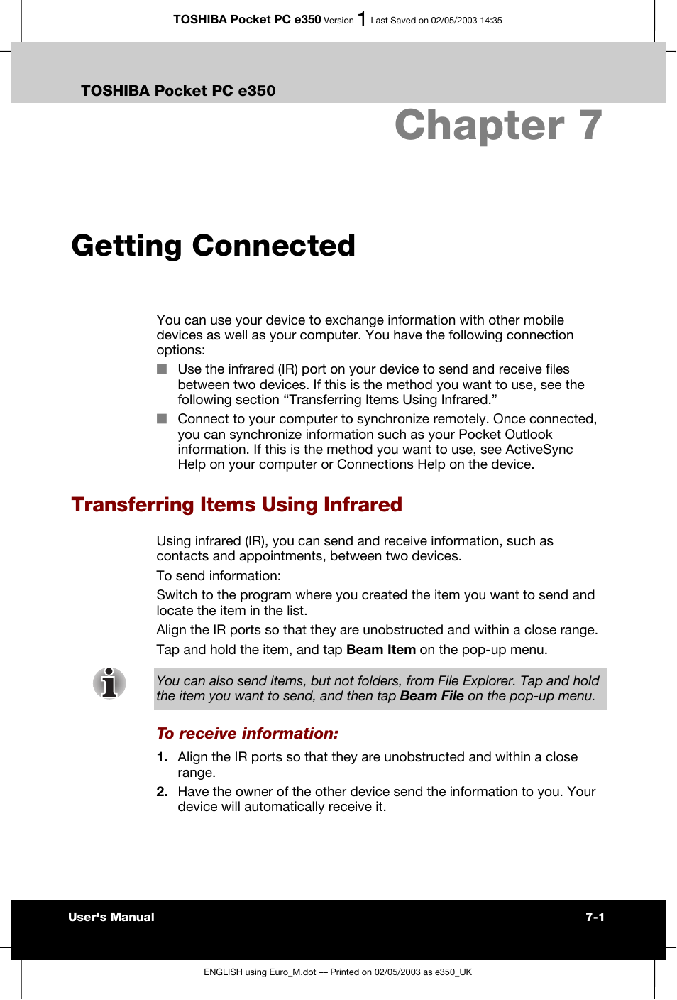 Chapter 7 getting connected, Transferring items using infrared, Chapter 7 | Getting connected | Toshiba Pocket PC e330 User Manual | Page 86 / 113