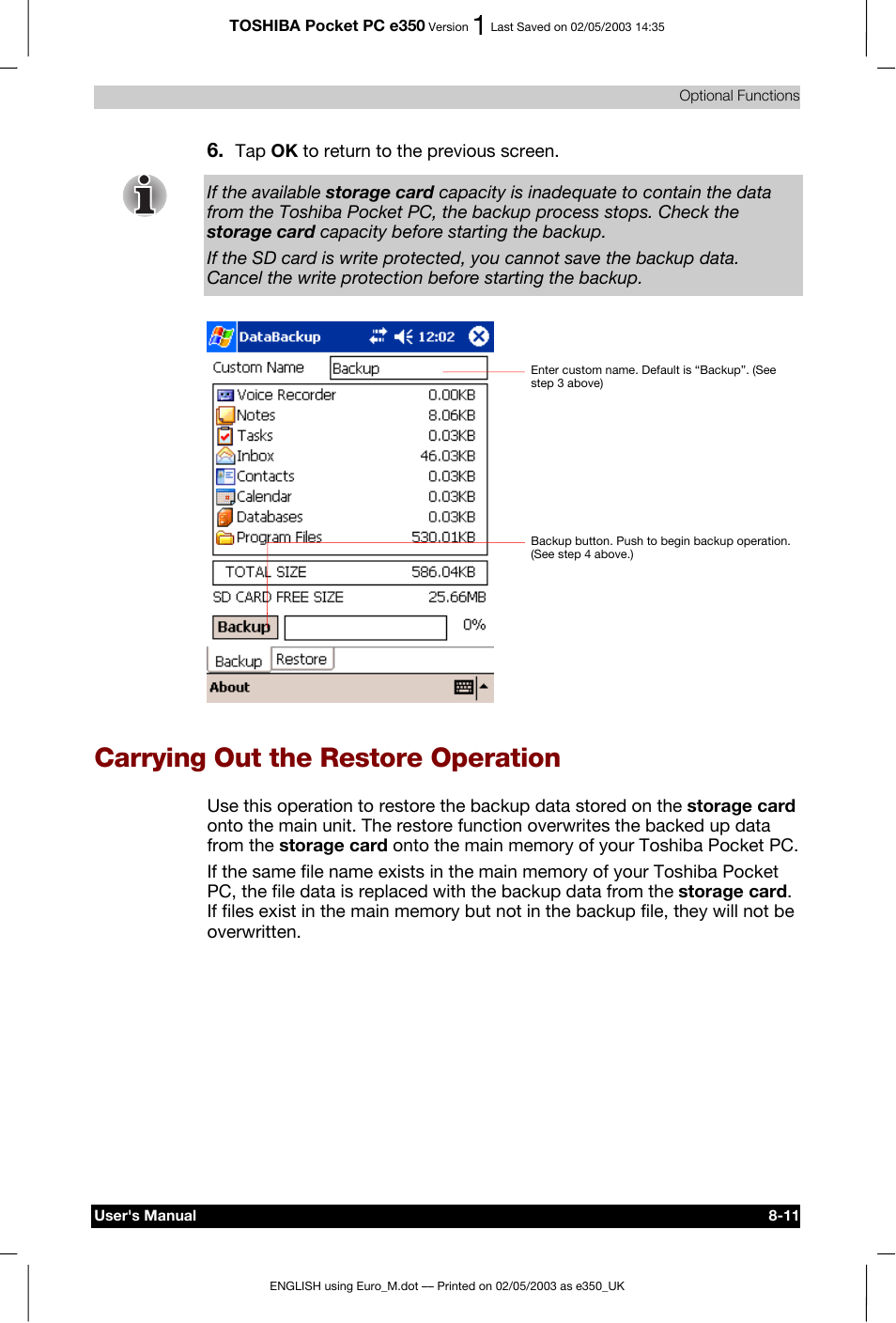 Carrying out the restore operation | Toshiba Pocket PC e330 User Manual | Page 98 / 113