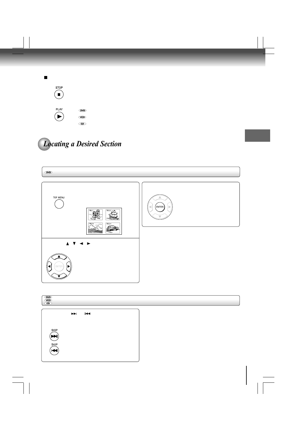 Locating a specific chapter or track, Locating a title using the top menu | Toshiba SD490 User Manual | Page 19 / 40