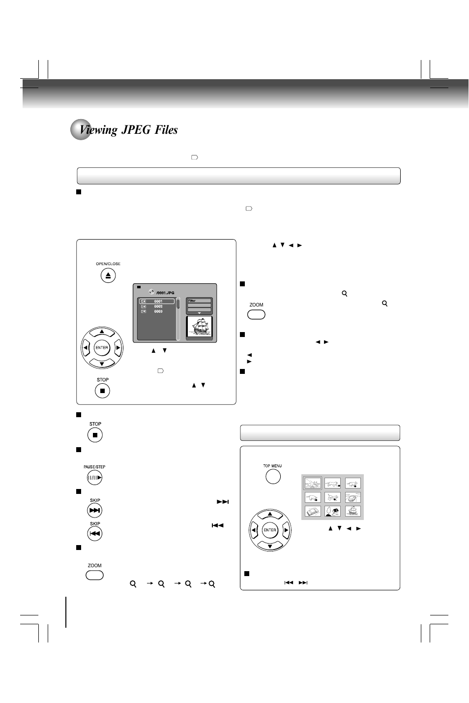 Viewing jpeg files, Viewing a thumbnail view | Toshiba SD490 User Manual | Page 28 / 40