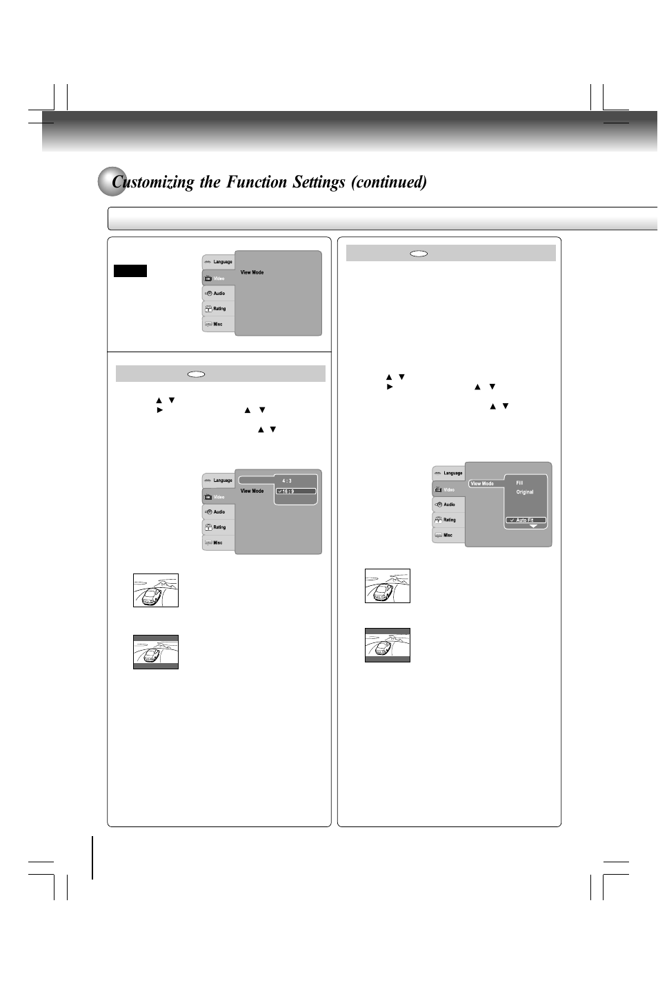 Customizing the function settings (continued), Setting details, Aspect ratio | View mode | Toshiba SD490 User Manual | Page 32 / 40