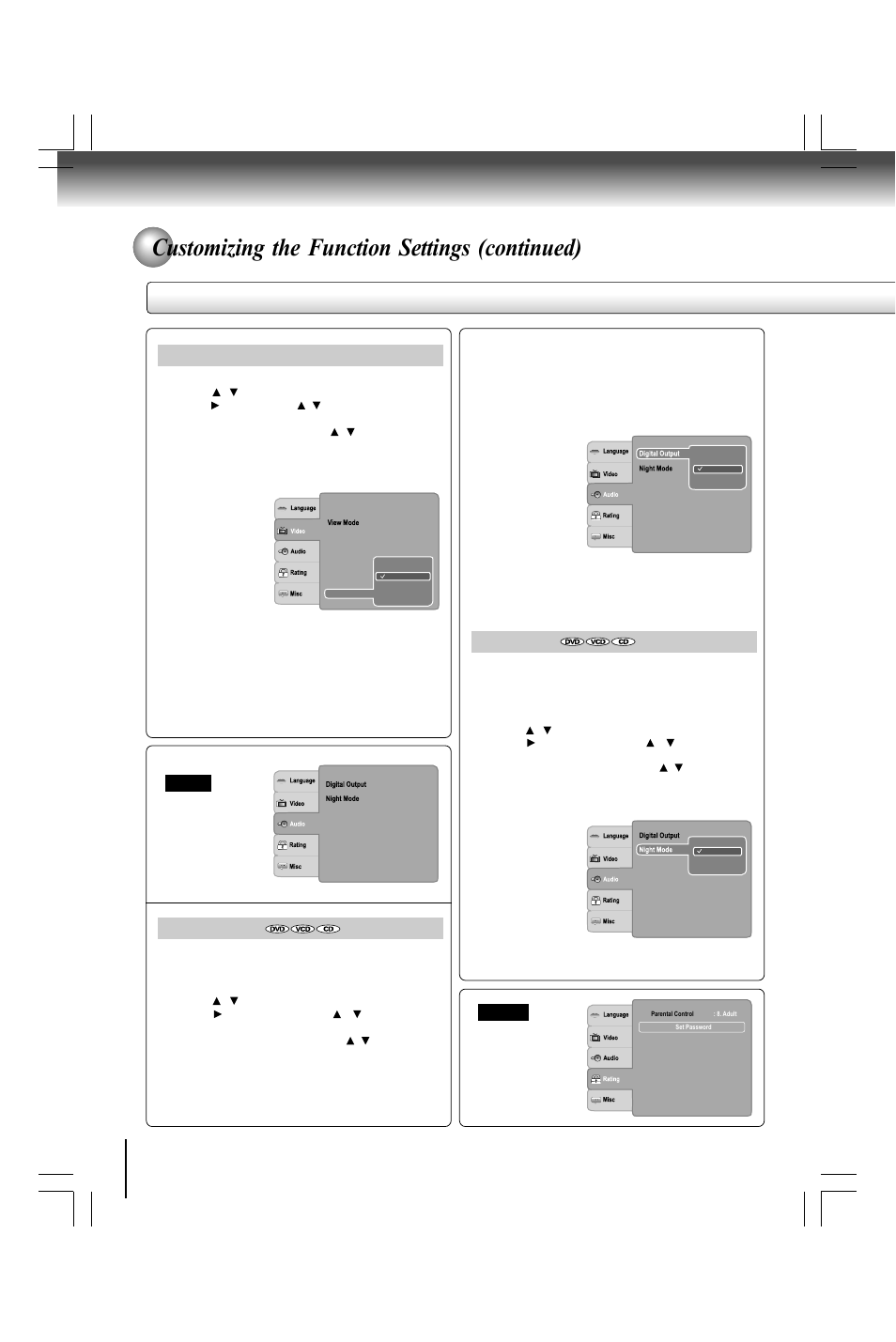 Customizing the function settings (continued), Setting details, Night mode | Digital output, Jpeg interval | Toshiba SD490 User Manual | Page 34 / 40