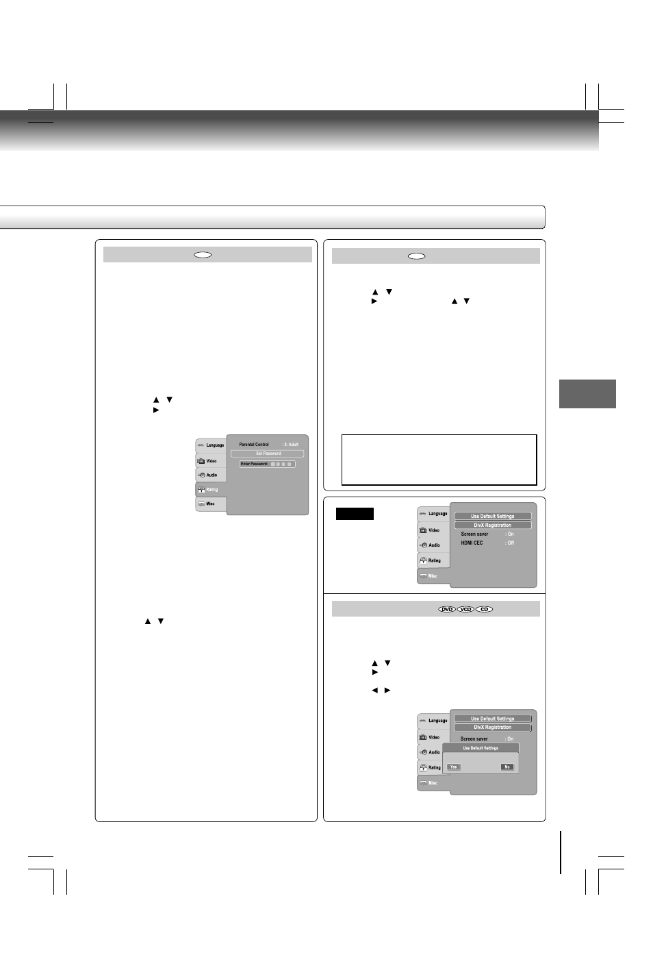 Parental control, Set password, Use default settings | Toshiba SD490 User Manual | Page 35 / 40