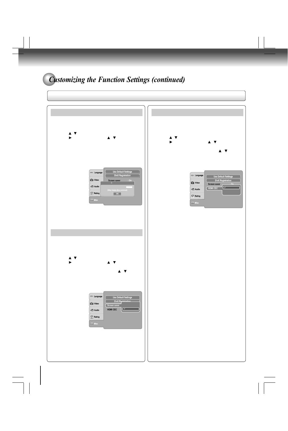 Customizing the function settings (continued), Setting details, Divx | Registration, Screen saver, Hdmi cec | Toshiba SD490 User Manual | Page 36 / 40