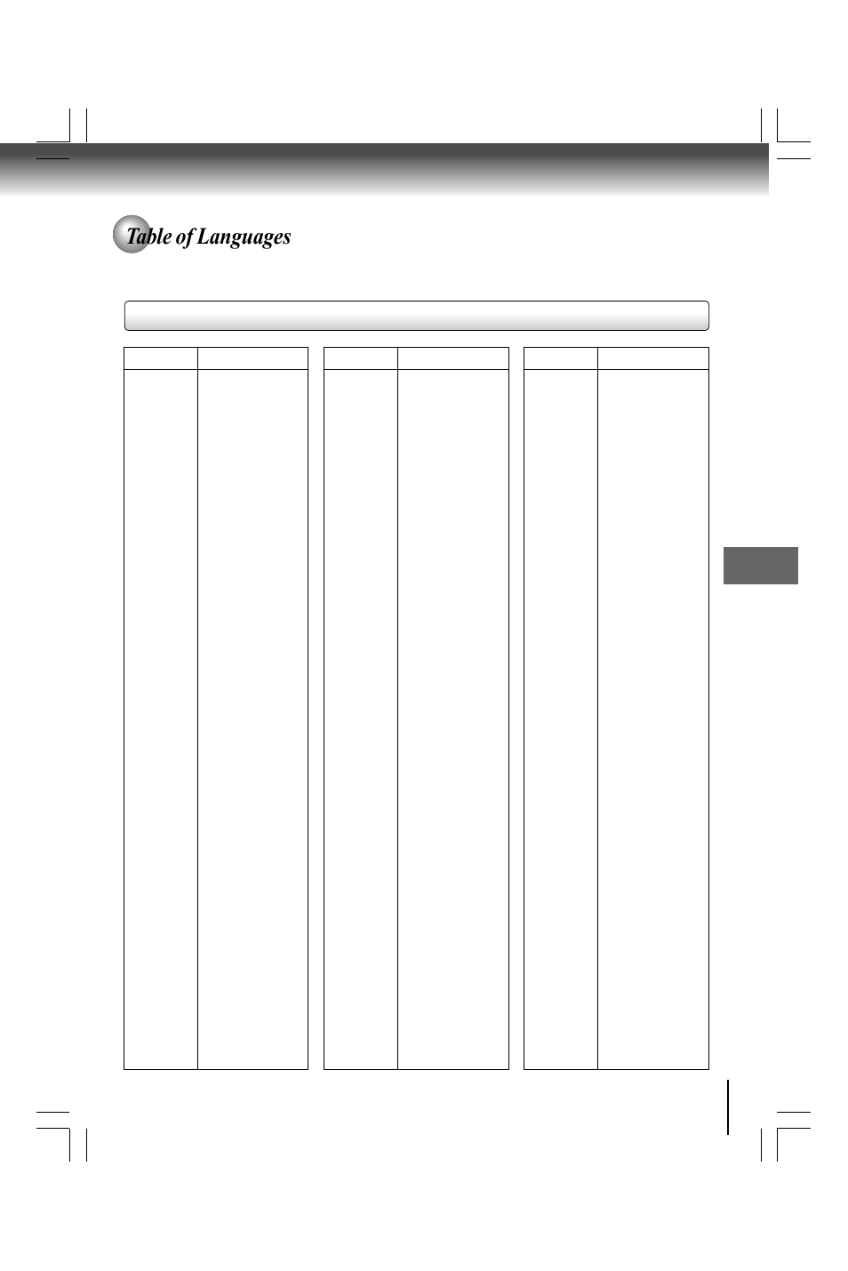 Table of languages, Table of languages and their abbreviations | Toshiba SD490 User Manual | Page 37 / 40