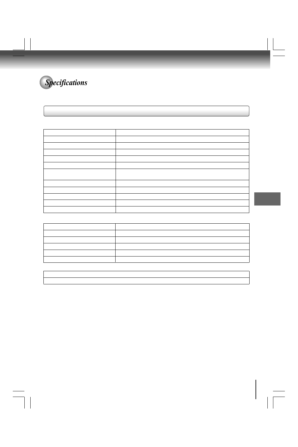 Specifications, Dvd player / outputs / supplied accessories | Toshiba SD490 User Manual | Page 39 / 40