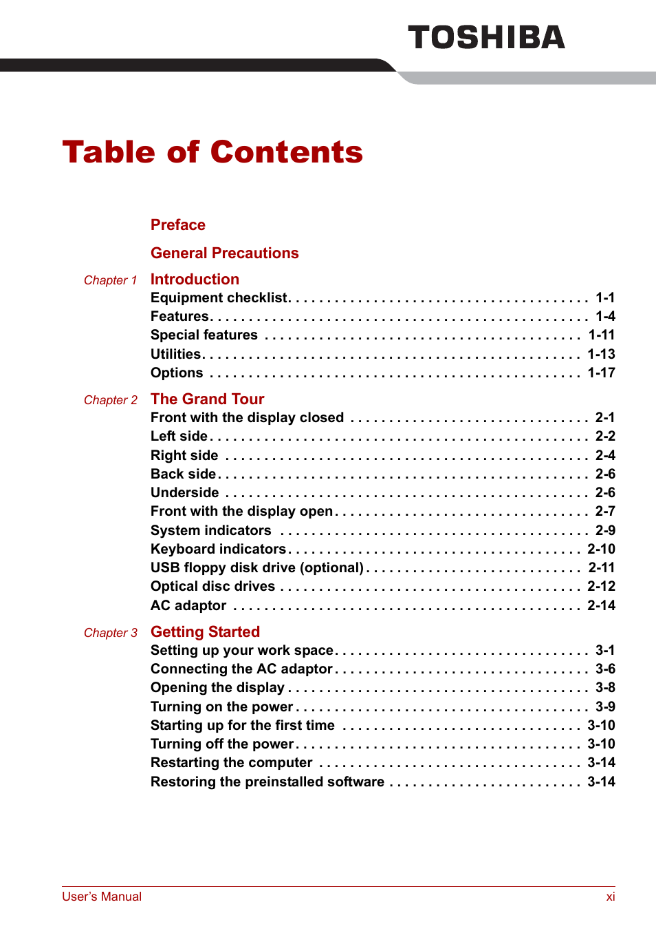 Toshiba Satellite U200 User Manual | Page 11 / 234