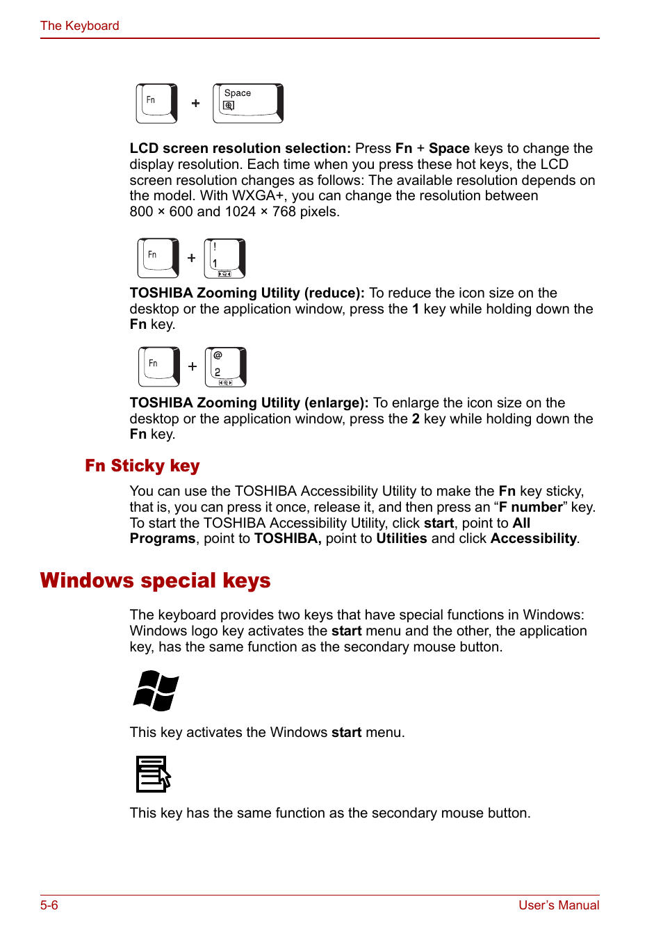 Windows special keys, Windows special keys -6, Fn sticky key | Toshiba Satellite U200 User Manual | Page 116 / 234