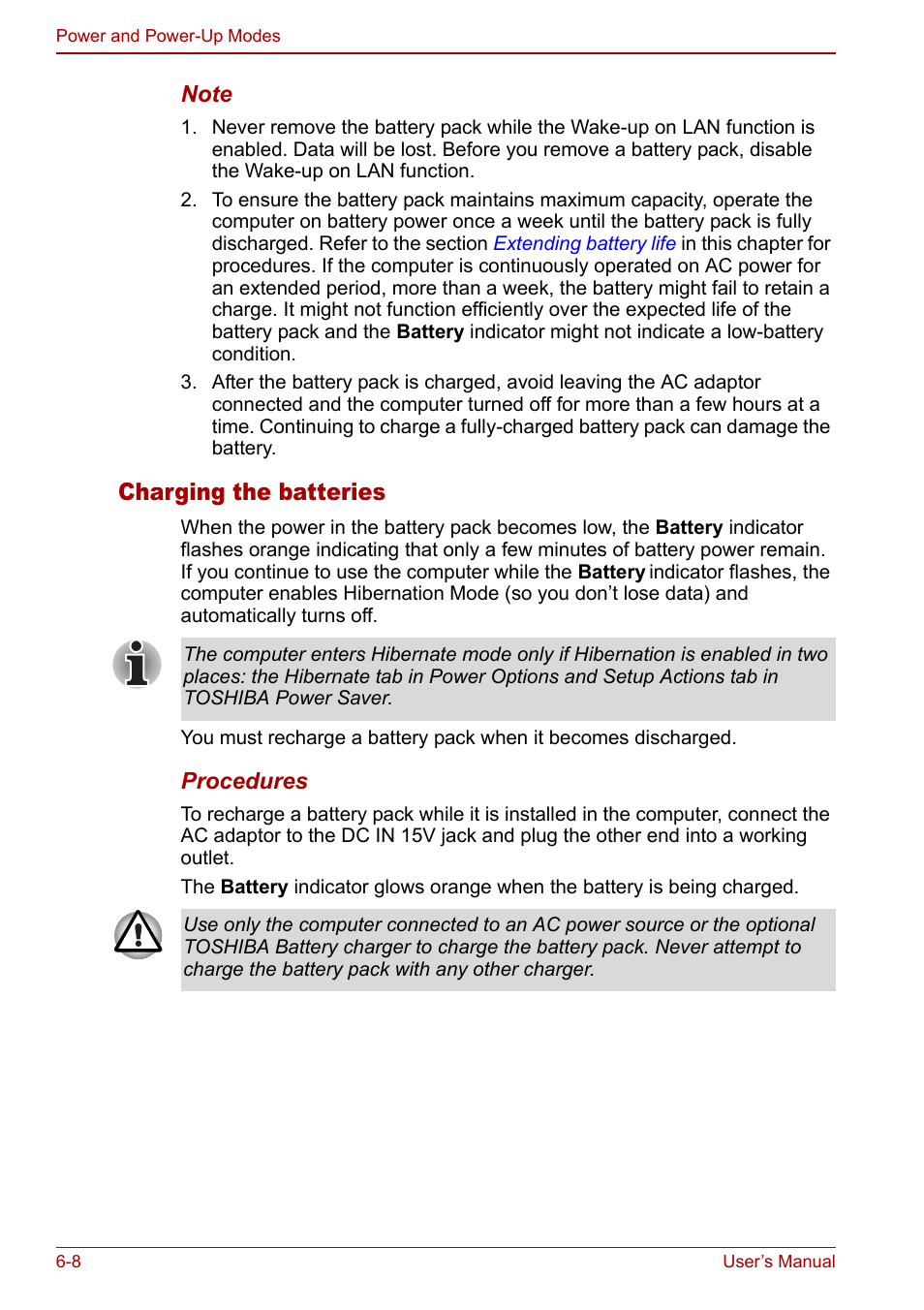 Charging the batteries | Toshiba Satellite U200 User Manual | Page 126 / 234