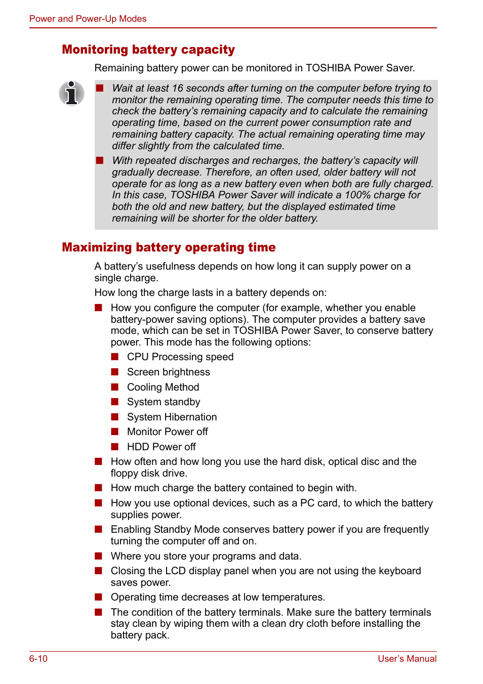 Monitoring battery capacity, Maximizing battery operating time | Toshiba Satellite U200 User Manual | Page 128 / 234