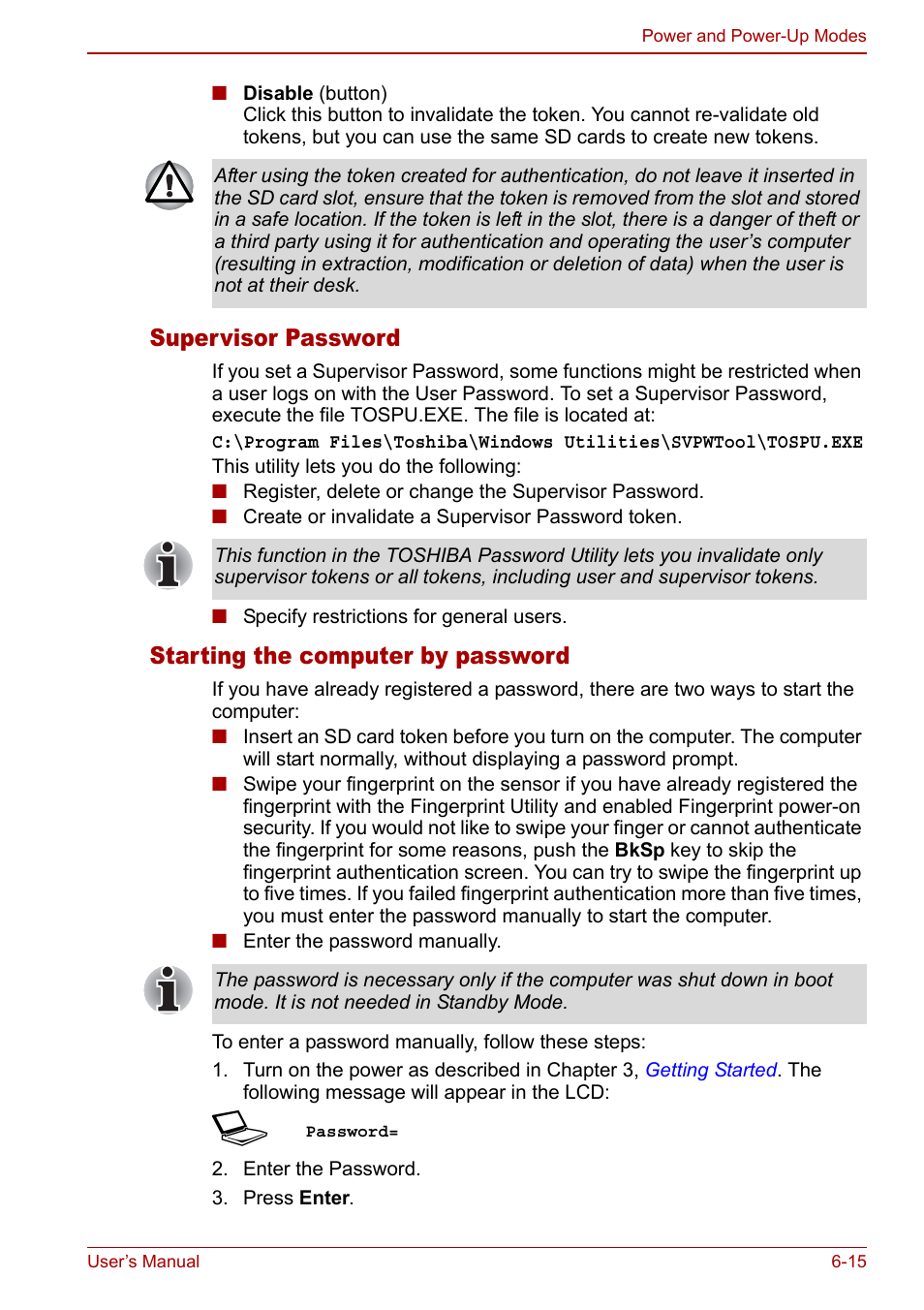 Supervisor password, Starting the computer by password | Toshiba Satellite U200 User Manual | Page 133 / 234