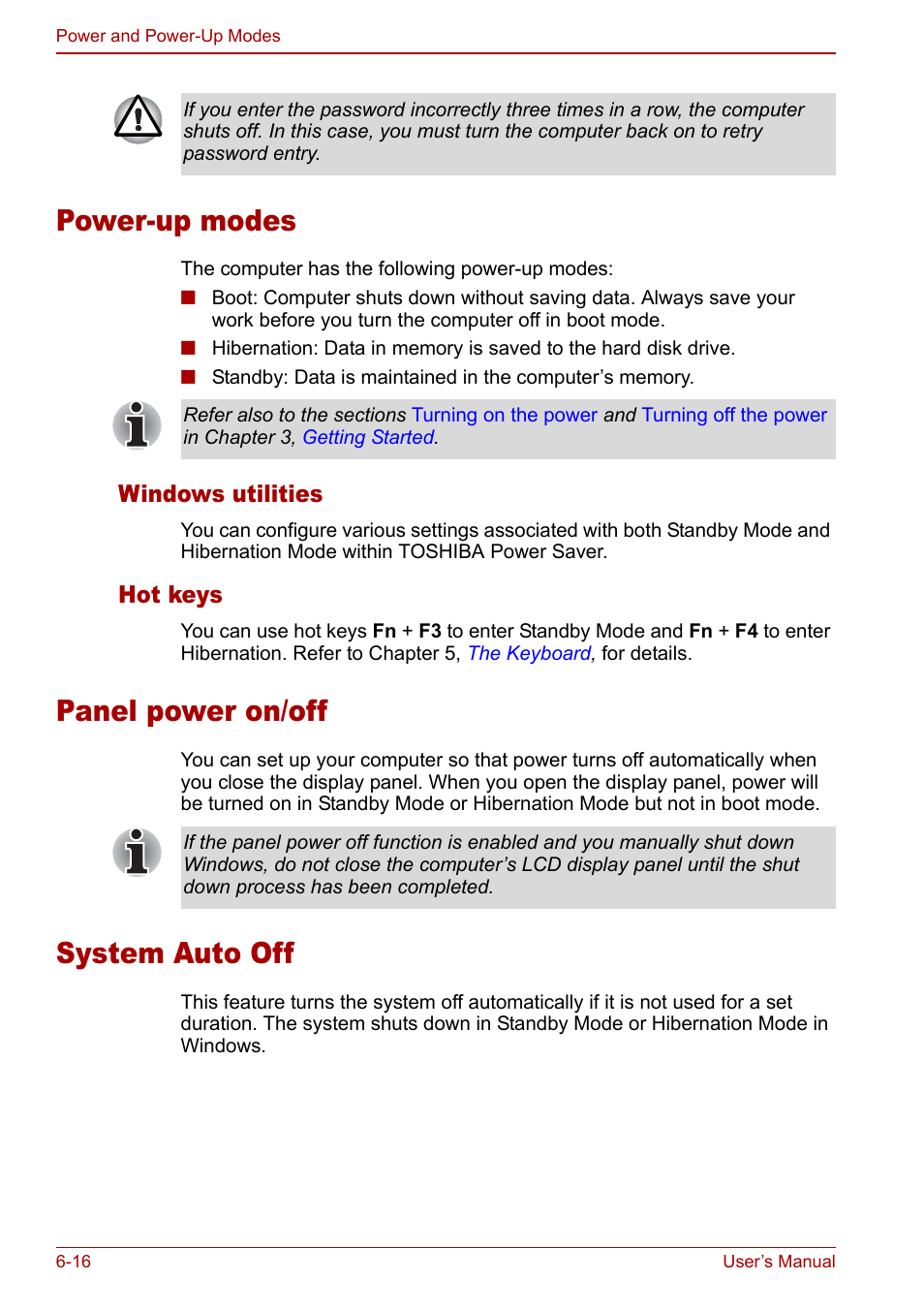 Power-up modes, Panel power on/off, System auto off | Toshiba Satellite U200 User Manual | Page 134 / 234