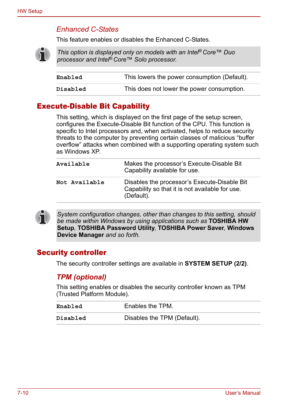 Execute-disable bit capability, Security controller, Enhanced c-states | Tpm (optional) | Toshiba Satellite U200 User Manual | Page 144 / 234