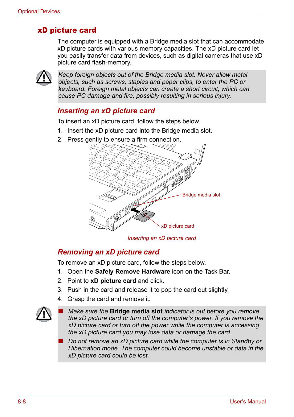 Xd picture card | Toshiba Satellite U200 User Manual | Page 154 / 234