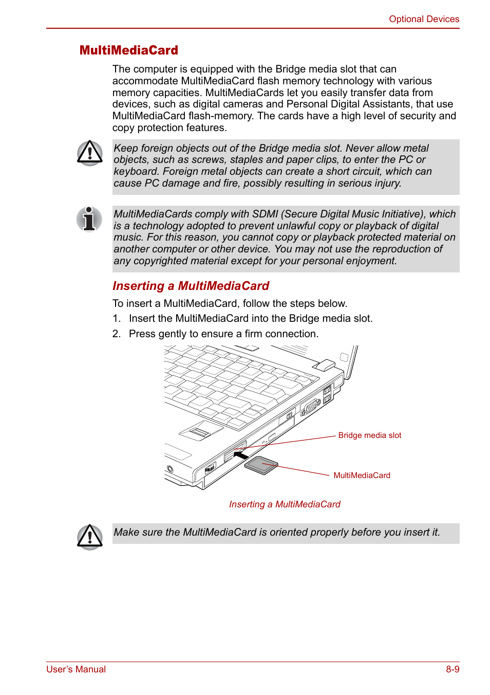 Multimediacard | Toshiba Satellite U200 User Manual | Page 155 / 234