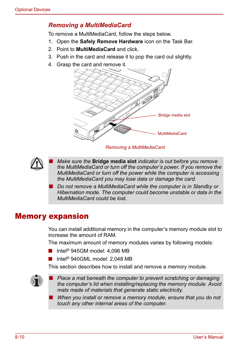 Memory expansion, Memory expansion -10, Removing a multimediacard | Toshiba Satellite U200 User Manual | Page 156 / 234