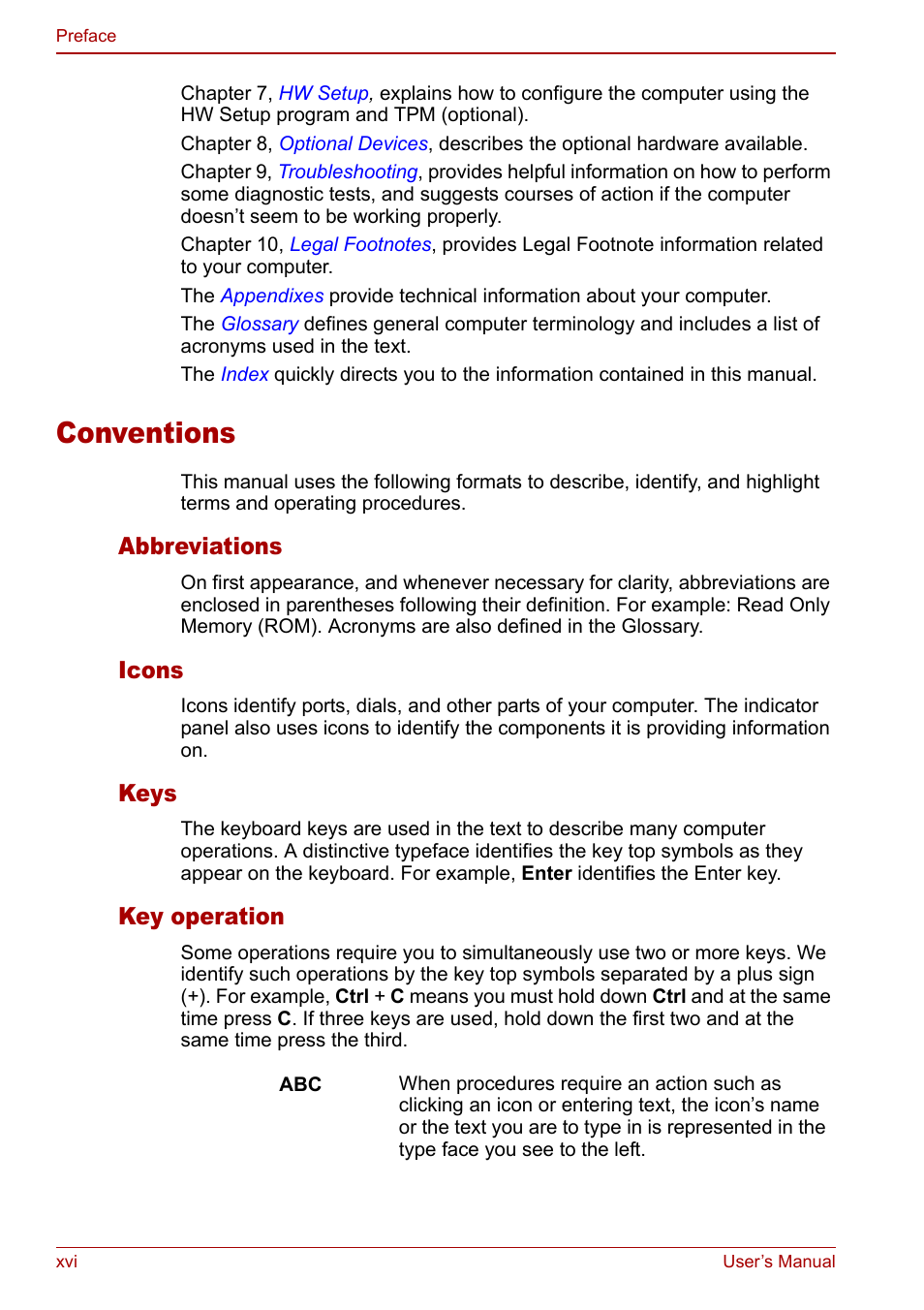 Conventions, Abbreviations, Icons | Keys, Key operation | Toshiba Satellite U200 User Manual | Page 16 / 234