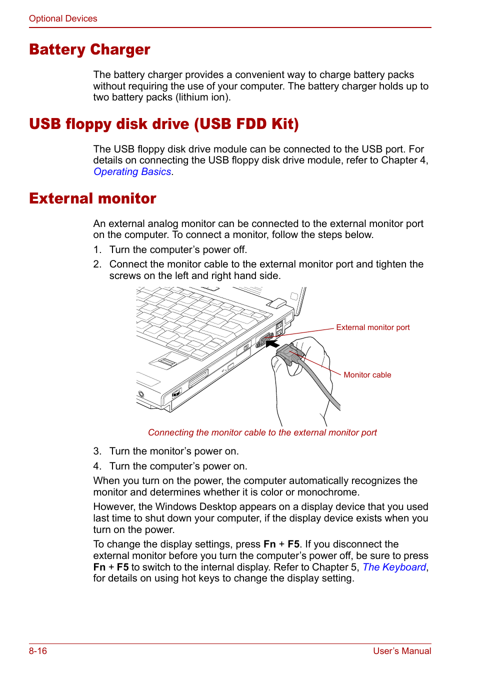 Battery charger, Usb floppy disk drive (usb fdd kit), External monitor | Toshiba Satellite U200 User Manual | Page 162 / 234