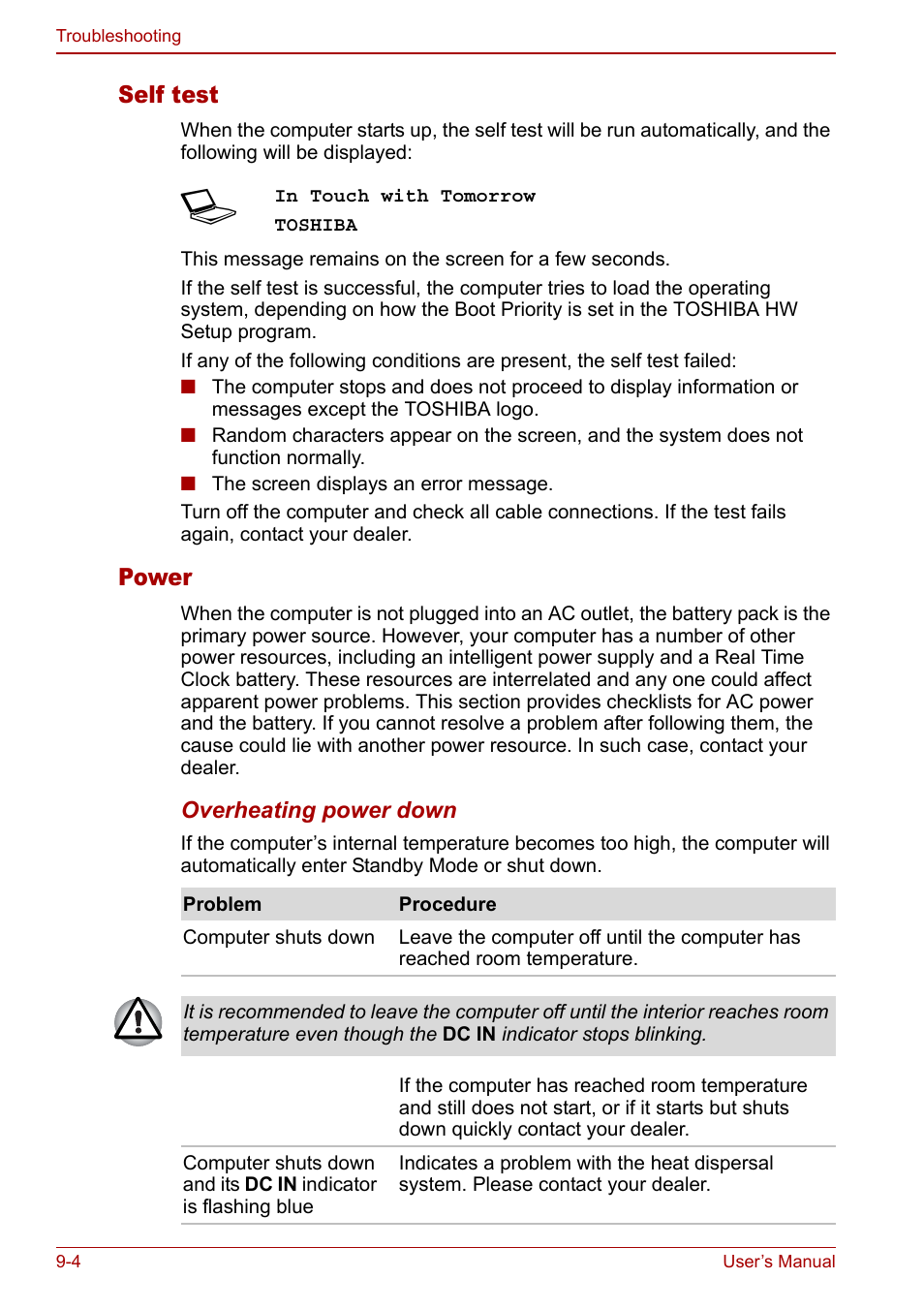 Self test, Power | Toshiba Satellite U200 User Manual | Page 170 / 234