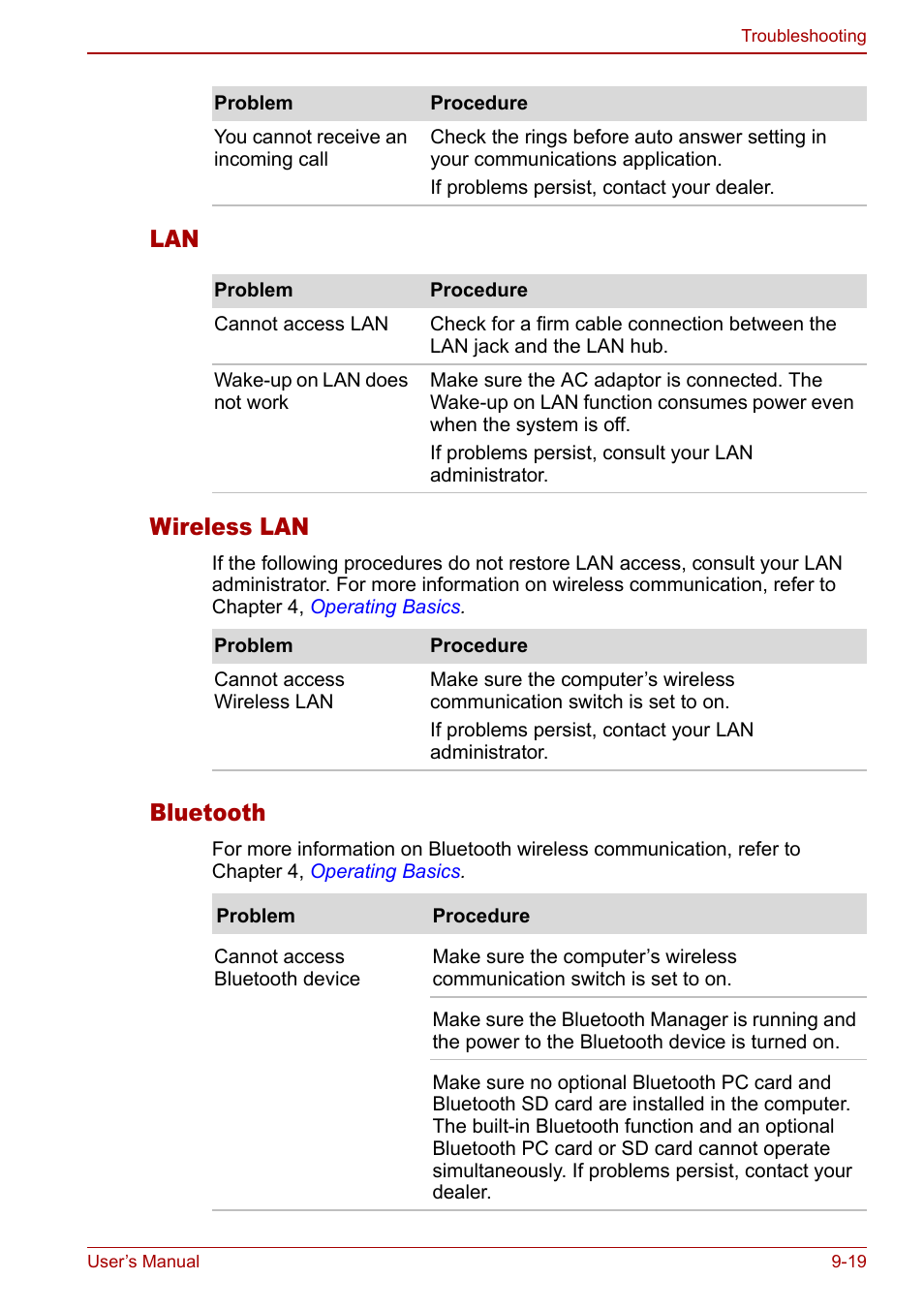 Lan wireless lan, Bluetooth | Toshiba Satellite U200 User Manual | Page 185 / 234