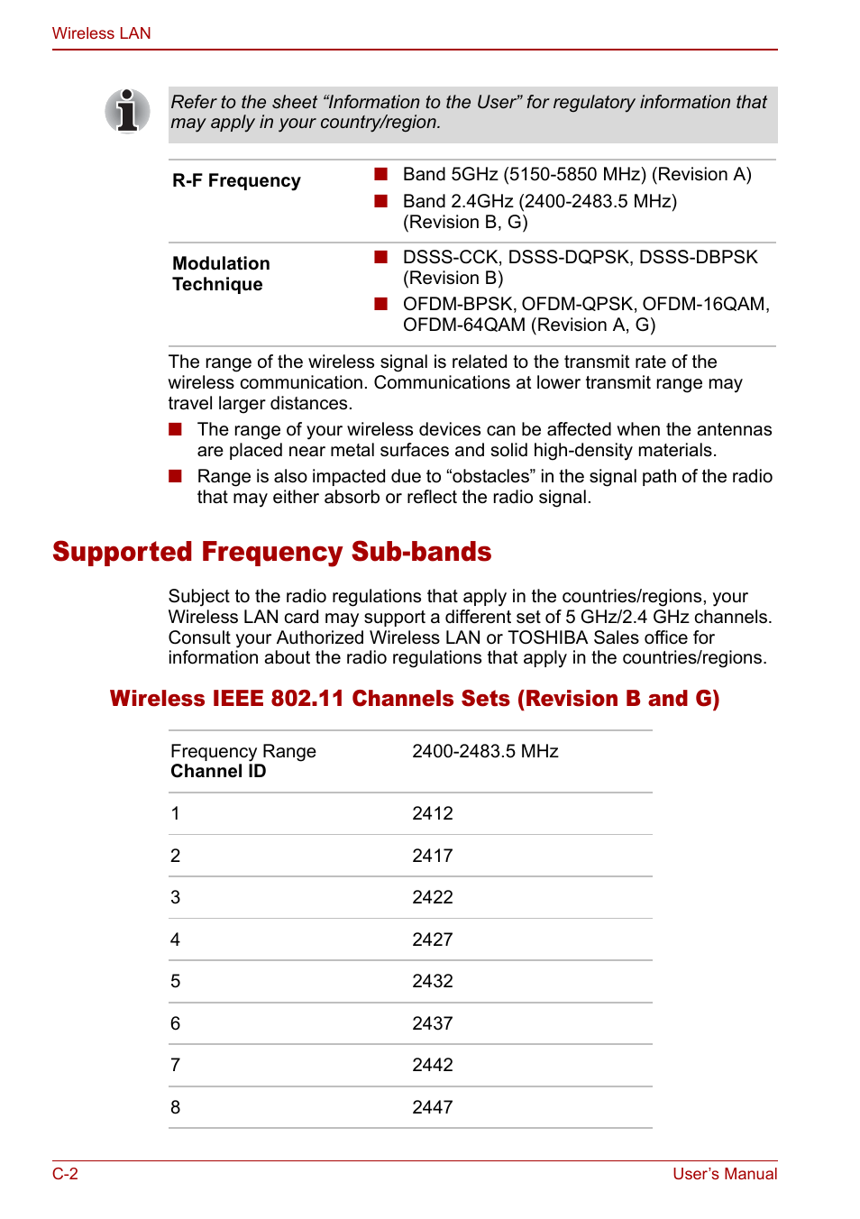 Supported frequency sub-bands | Toshiba Satellite U200 User Manual | Page 208 / 234