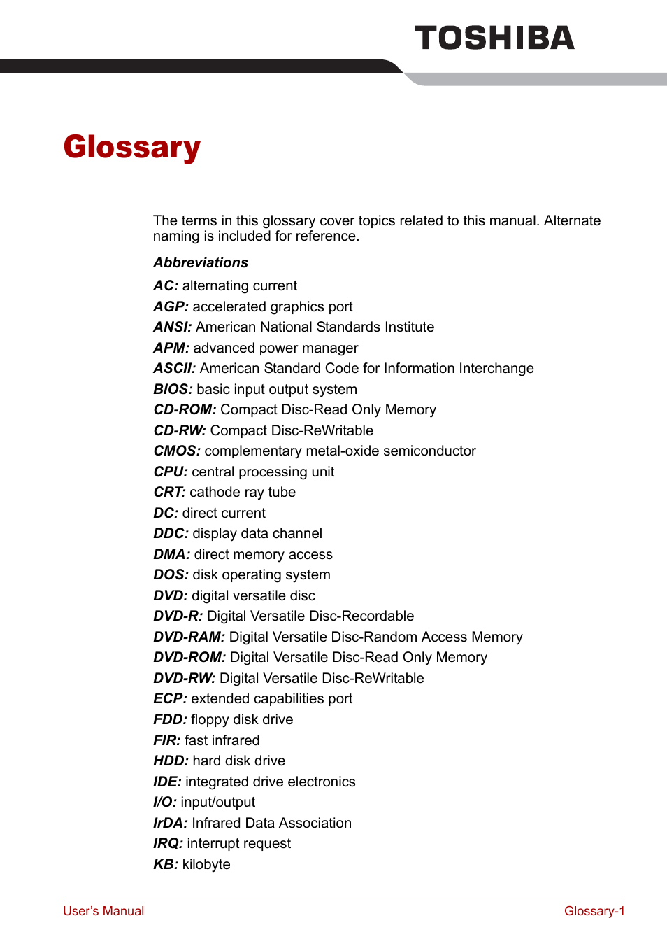 Glossary | Toshiba Satellite U200 User Manual | Page 215 / 234