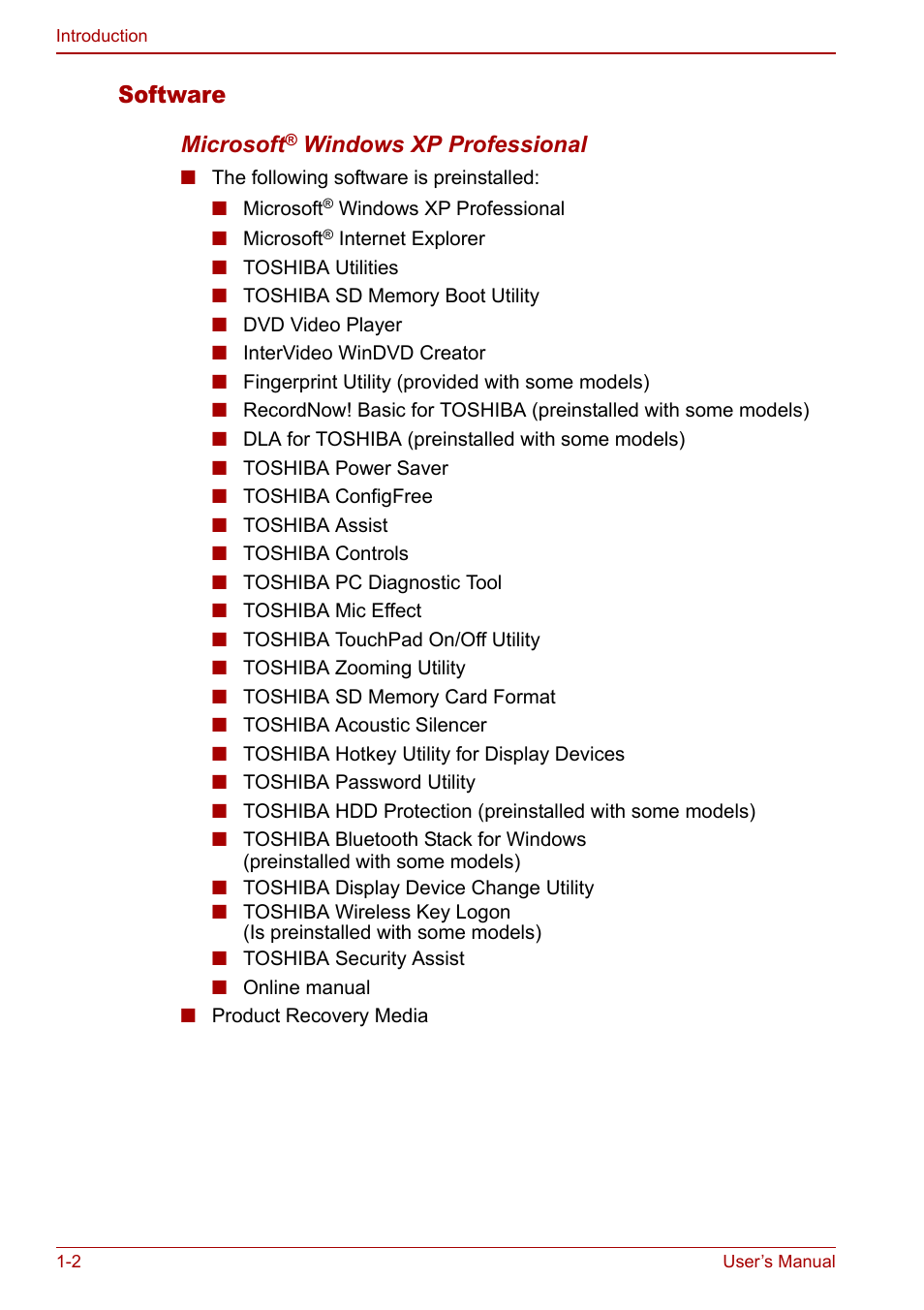 Software | Toshiba Satellite U200 User Manual | Page 22 / 234