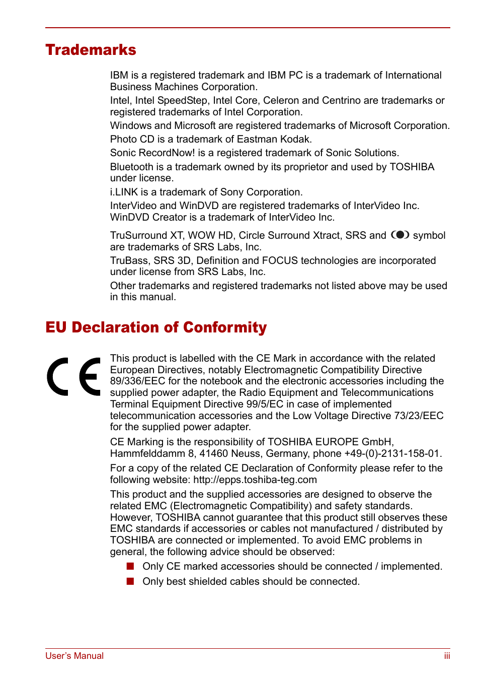 Trademarks, Eu declaration of conformity | Toshiba Satellite U200 User Manual | Page 3 / 234