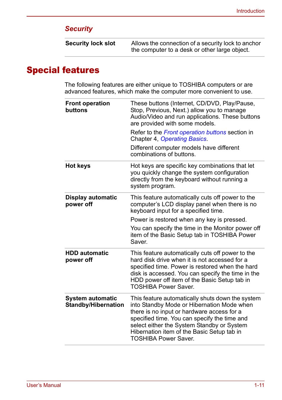 Special features, Special features -11 | Toshiba Satellite U200 User Manual | Page 31 / 234