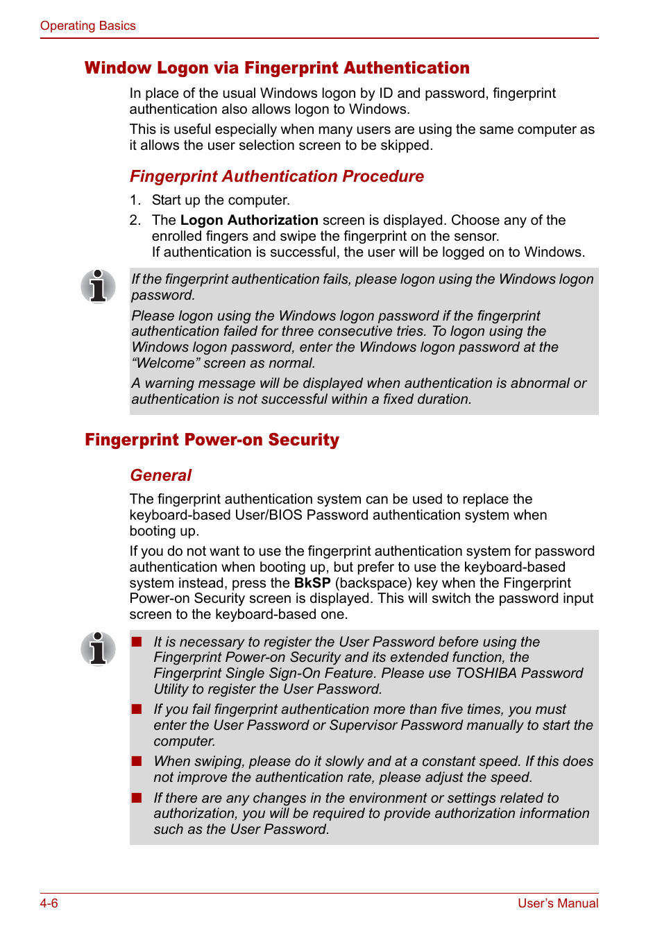 Window logon via fingerprint authentication, Fingerprint power-on security | Toshiba Satellite U200 User Manual | Page 74 / 234