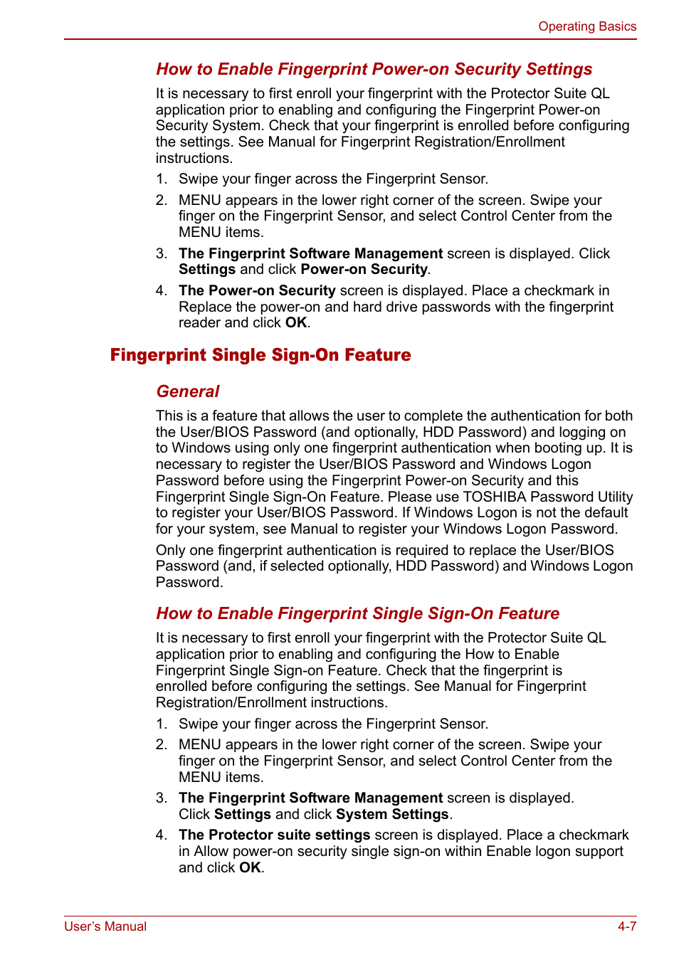 Fingerprint single sign-on feature | Toshiba Satellite U200 User Manual | Page 75 / 234
