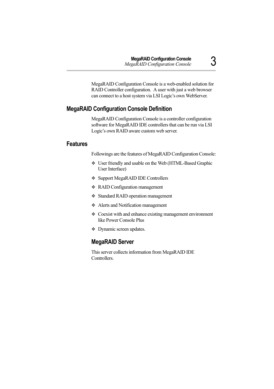 Megaraid configuration console definition, Features, Megaraid server | Toshiba Magnia Z500 User Manual | Page 3 / 39