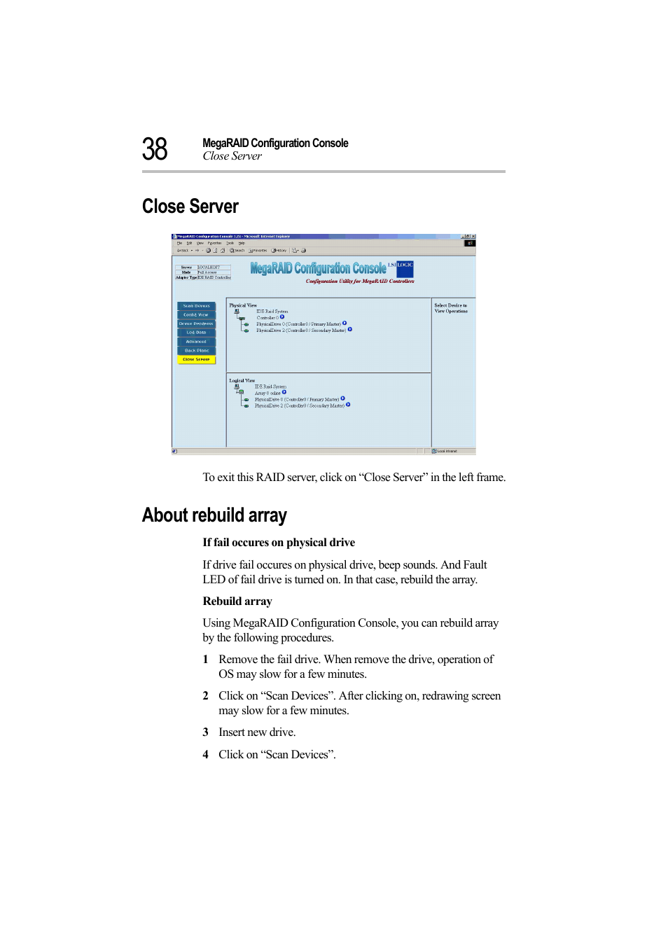 Close server, About rebuild array | Toshiba Magnia Z500 User Manual | Page 38 / 39