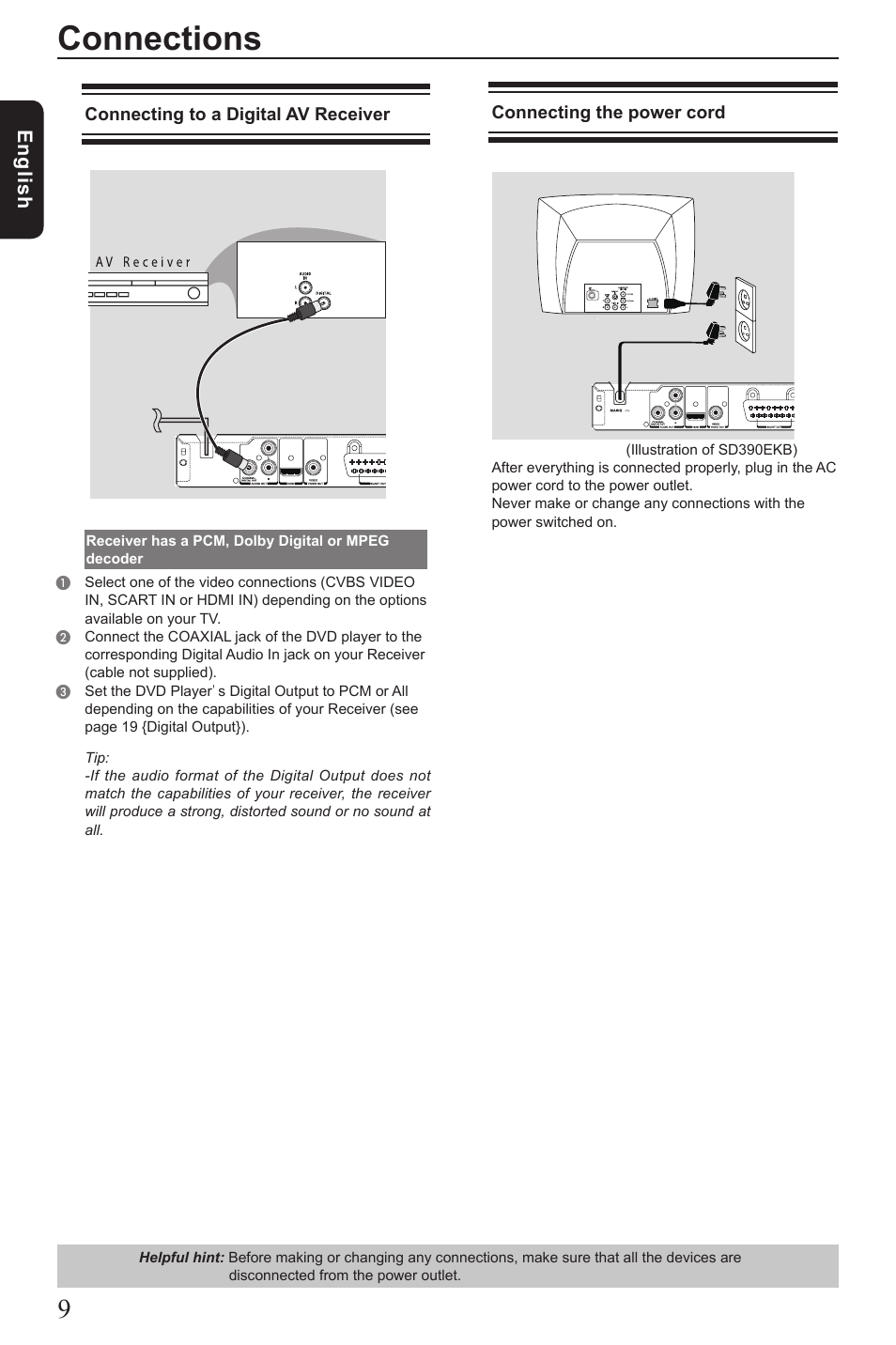 Connections, Eng lis h | Toshiba SD390 User Manual | Page 10 / 26