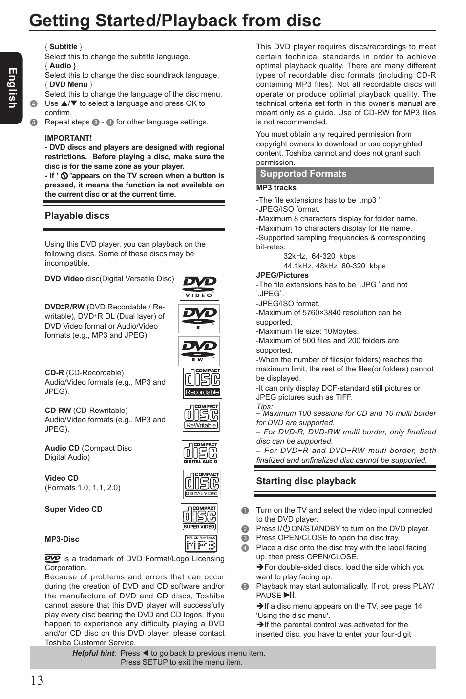 Getting started/playback from disc, Eng lis h, Playable discs | Supported formats, Starting disc playback | Toshiba SD390 User Manual | Page 14 / 26