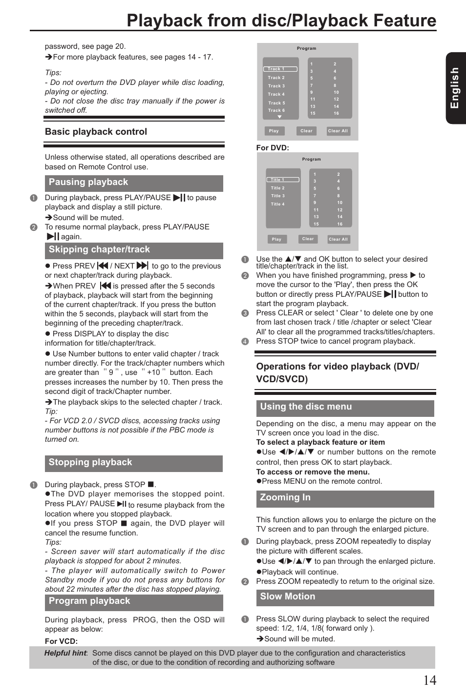 Playback from disc/playback feature, Eng lis h, Basic playback control | Pausing playback, Skipping chapter/track, Stopping playback, Program playback, Operations for video playback (dvd/ vcd/svcd), Using the disc menu, Zooming in | Toshiba SD390 User Manual | Page 15 / 26