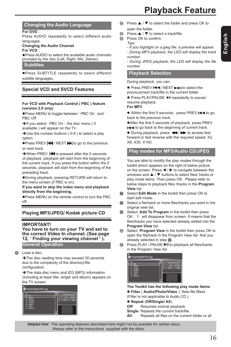 Playback feature, Eng lis h, Changing the audio language | Subtitles, Special vcd and svcd features, General operation, Playback selection, Play modes for mp3/audio cd/jpeg | Toshiba SD390 User Manual | Page 17 / 26