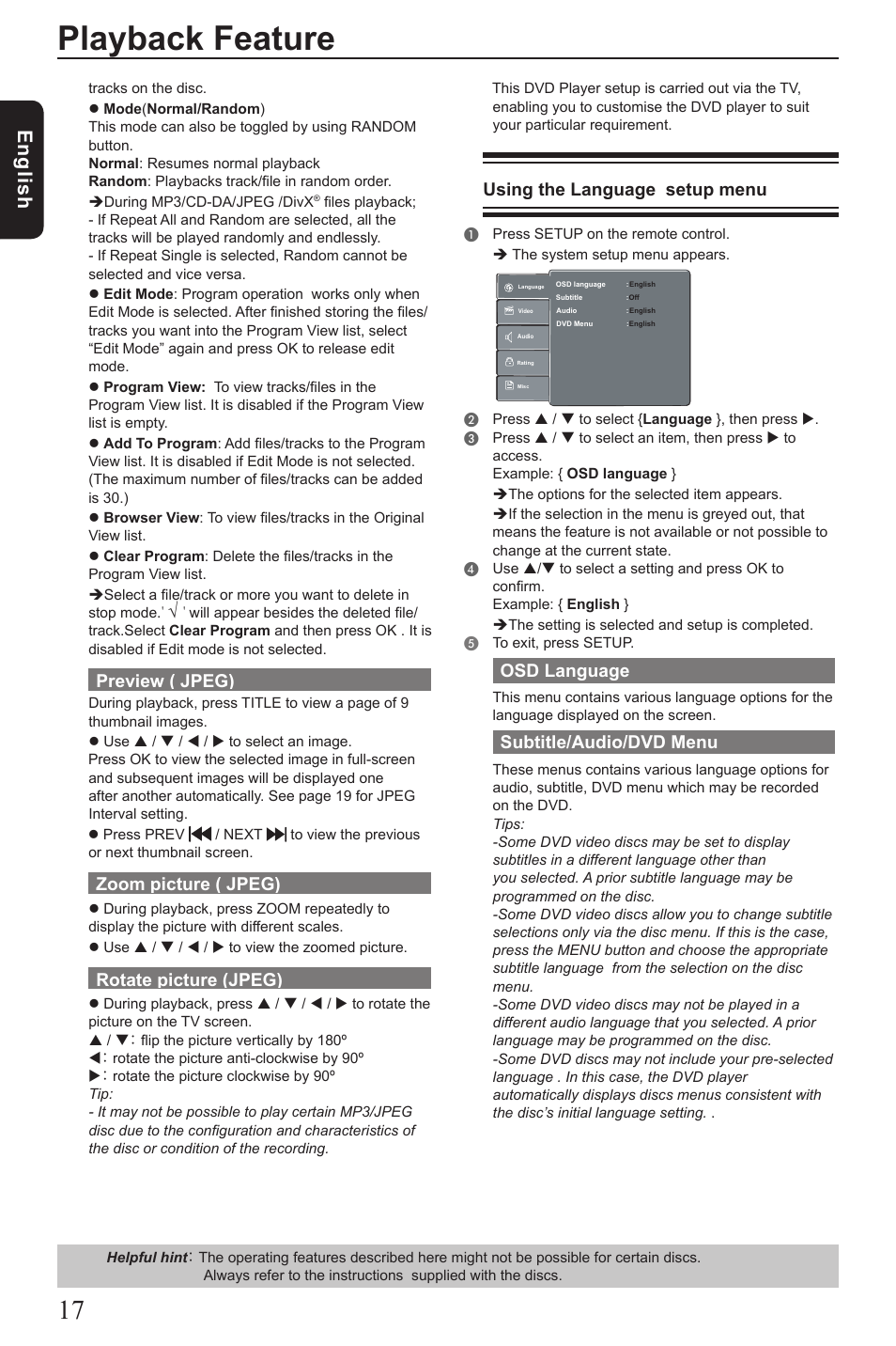 Playback feature, Eng lis h, Using the language setup menu | Osd language, Subtitle/audio/dvd menu, Preview ( jpeg), Zoom picture ( jpeg), Rotate picture (jpeg) | Toshiba SD390 User Manual | Page 18 / 26